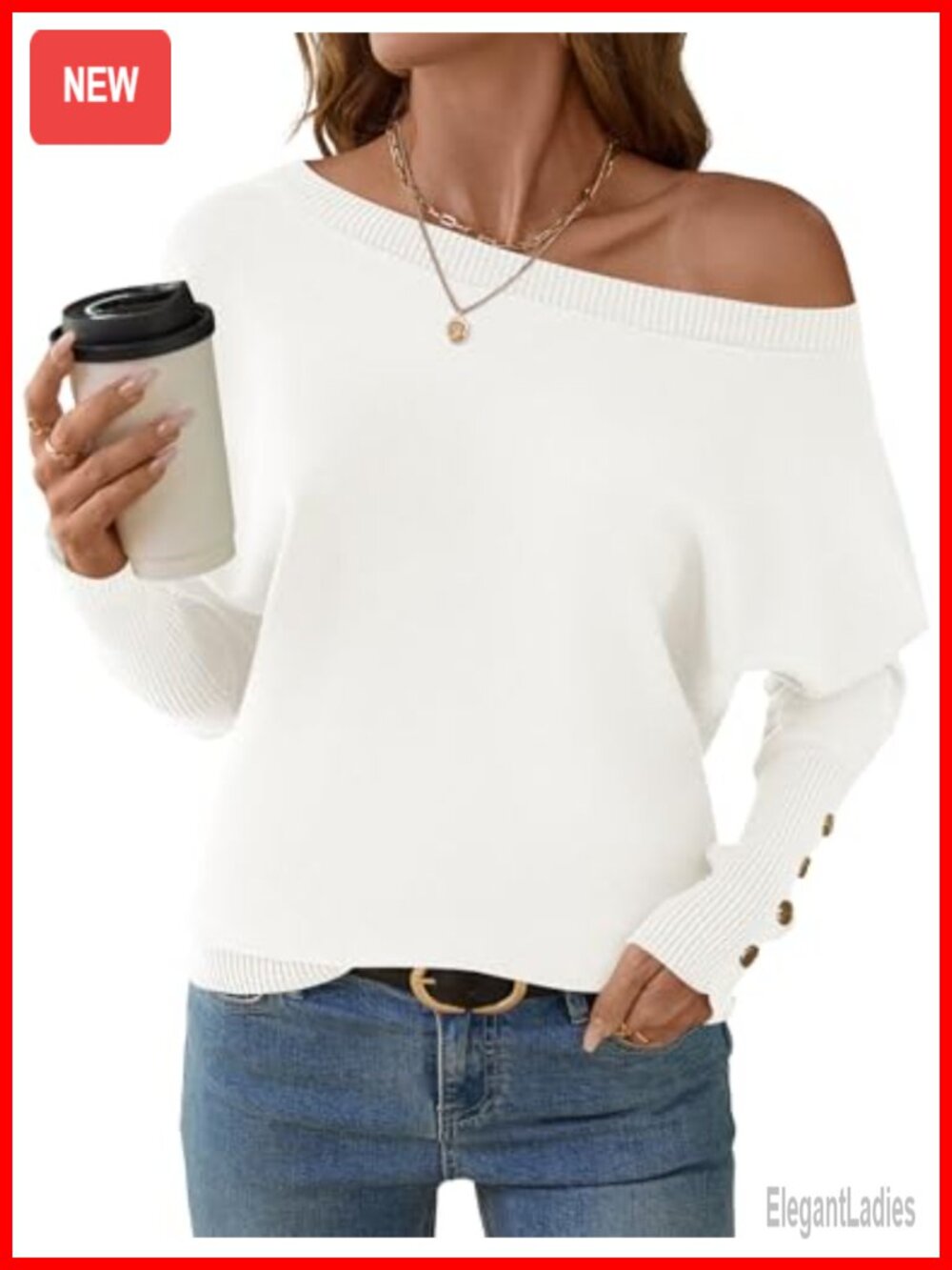 Off Shoulder Oversized Batwing Knit Pullover Sweater Long Sleeve